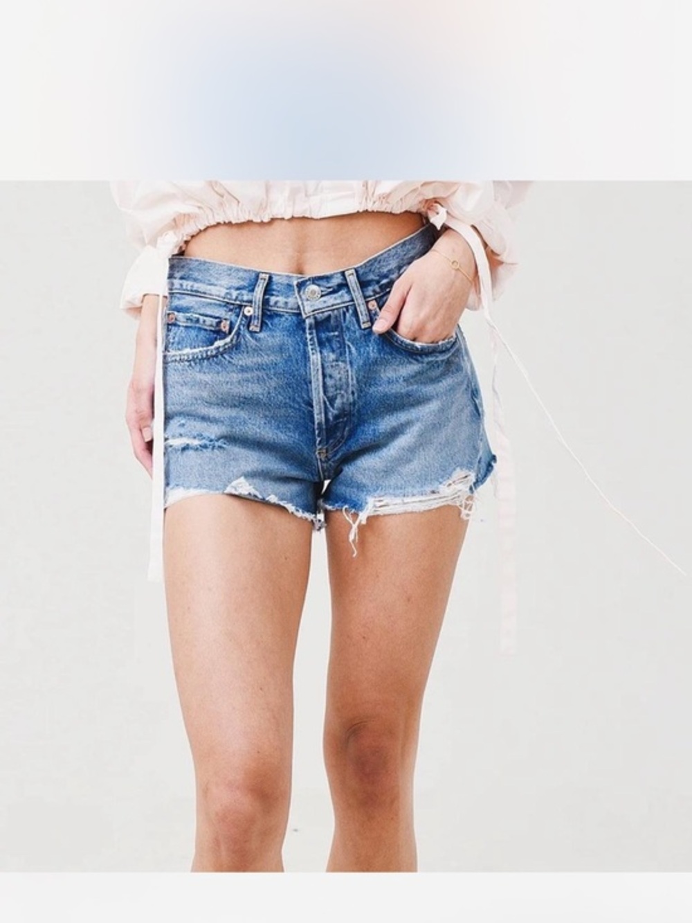 Agolde Parker denim shorts high rise distressed cutoff jean shorts western beach